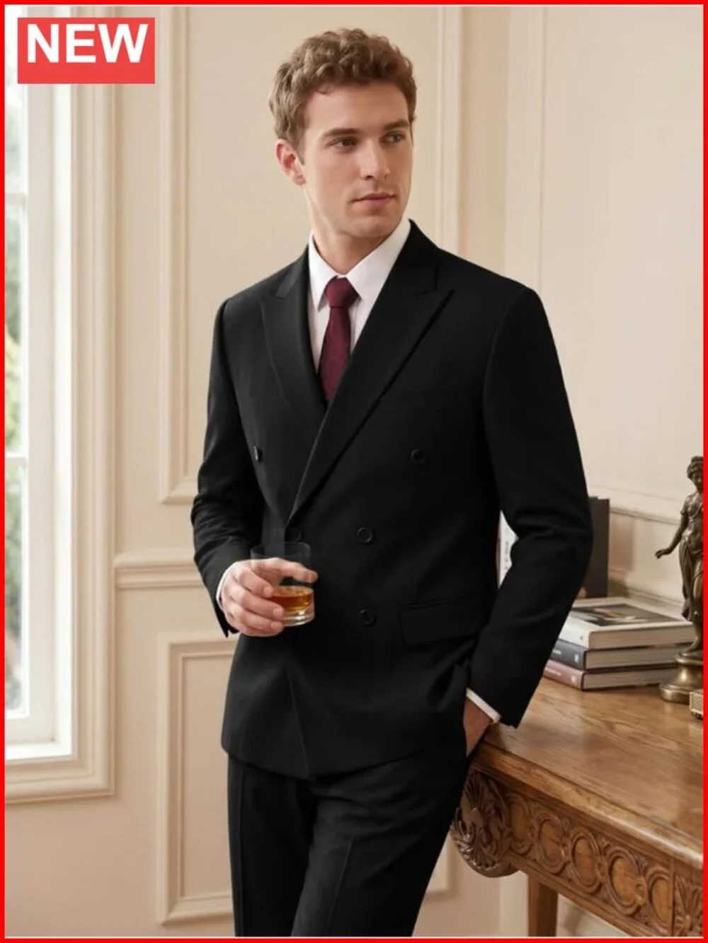 Men's 2 Piece Double Breasted Slim Fit Tuxedo Suit Blazer Pants